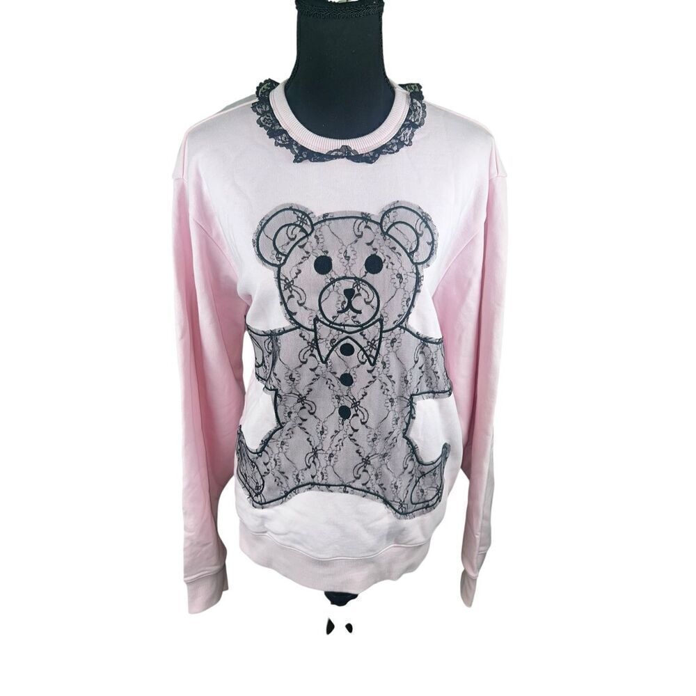 Teddy Fresh applique Bear pink sweater black Lace trim Women’s medium streetwear - Picture 3 of 12